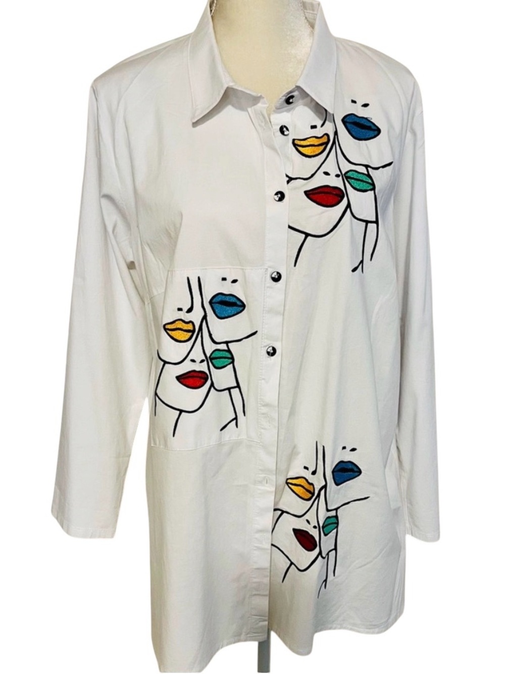 Darkwin Face Art Graphic Button Front Tunic Shirt L White Oversized
